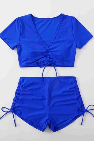 Angelsin Özel tasarım Yarım Kol Büzgü Detaylı Bikini Takım Mavi MS4318