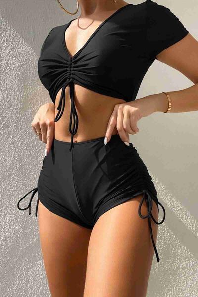 Angelsin Özel tasarım Yarım Kol Büzgü Detaylı Bikini Takım Siyah MS4318