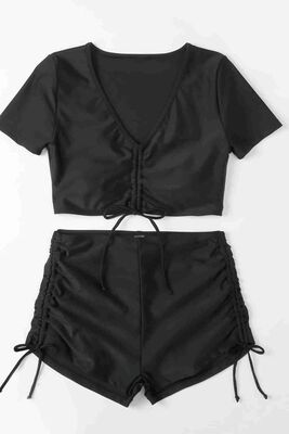 Angelsin Özel tasarım Yarım Kol Büzgü Detaylı Bikini Takım Siyah MS4318 - Thumbnail