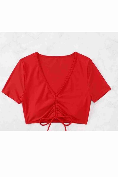 Angelsin Özel tasarım Yarım Kol Büzgü Detaylı Bikini Üstü Kırmızı MS43189