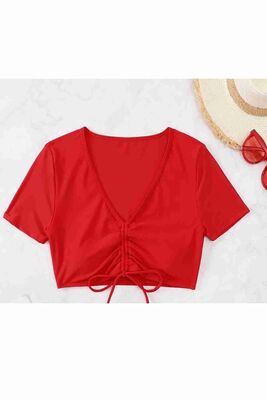 Angelsin Özel tasarım Yarım Kol Büzgü Detaylı Bikini Üstü Kırmızı MS43189 - Thumbnail