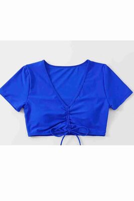 Angelsin Özel tasarım Yarım Kol Büzgü Detaylı Bikini Üstü Mavi MS43189 - Thumbnail