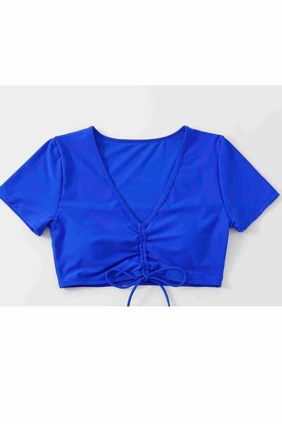 Angelsin Özel tasarım Yarım Kol Büzgü Detaylı Bikini Üstü Mavi MS43189