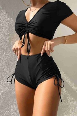 Angelsin Özel tasarım Yarım Kol Büzgü Detaylı Bikini Üstü Siyah MS43189 - Thumbnail