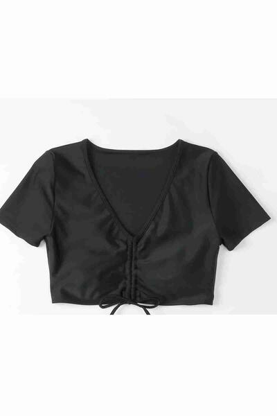 Angelsin Özel tasarım Yarım Kol Büzgü Detaylı Bikini Üstü Siyah MS43189