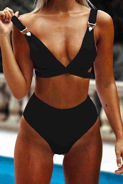 Angelsin Özel Tasarım Yüksek Bel Bikini Takım Siyah MS4138
