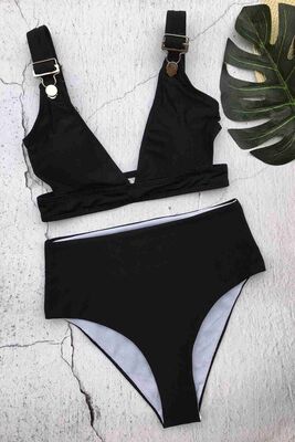 Angelsin Özel Tasarım Yüksek Bel Bikini Takım Siyah MS4138 - Thumbnail