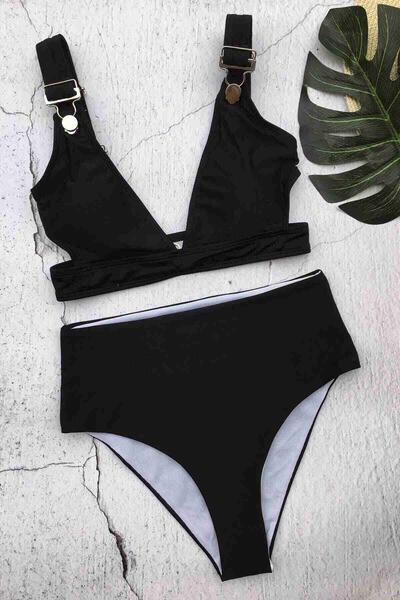 Angelsin Özel Tasarım Yüksek Bel Bikini Takım Siyah MS4138