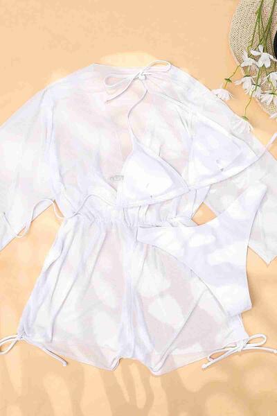 Angelsin Şifon Pareo Plaj Elbesi Cover Up Kimono Beyaz MS4408