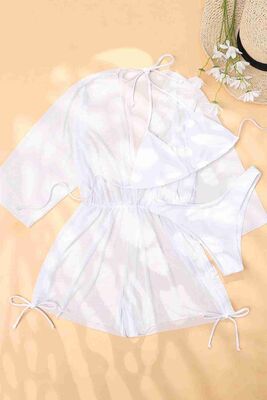Angelsin Şifon Pareo Plaj Elbesi Cover Up Kimono Beyaz MS4408 - Thumbnail
