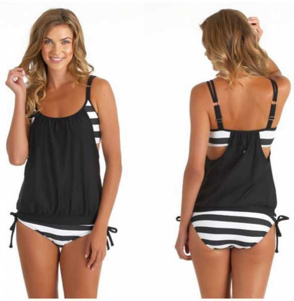 Angelsin Black and White Thick Striped Tankini Bikini Set - MS41990 - Thumbnail