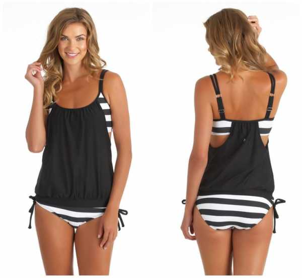 Angelsin Black and White Thick Striped Tankini Bikini Set - MS41990 - Thumbnail