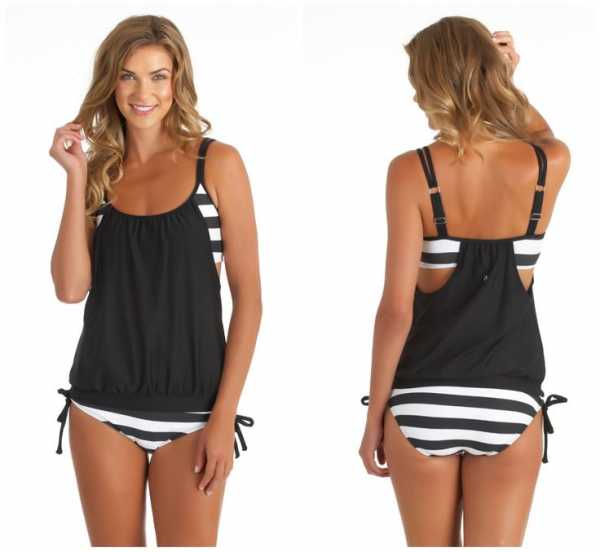 Angelsin Black and White Thick Striped Tankini Bikini Set - MS41990