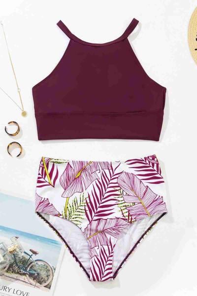 Angelsin Yüksek Bel Baskılı Tankini Bikini Takım Bordo-MS4323