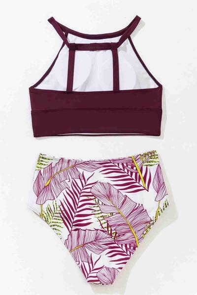 Angelsin Yüksek Bel Baskılı Tankini Bikini Takım Bordo-MS4323