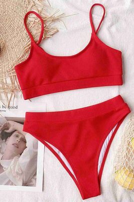 Angelsin Yüksek Bel Fitilli Kumaş Tankini Bikini Takım Kırmızı-MS4371 - Thumbnail