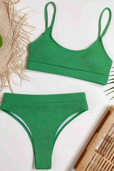 Angelsin Yüksek Bel Fitilli Kumaş Tankini Bikini Takım Yeşil MS4371