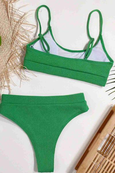 Angelsin Yüksek Bel Fitilli Kumaş Tankini Bikini Takım Yeşil MS4371