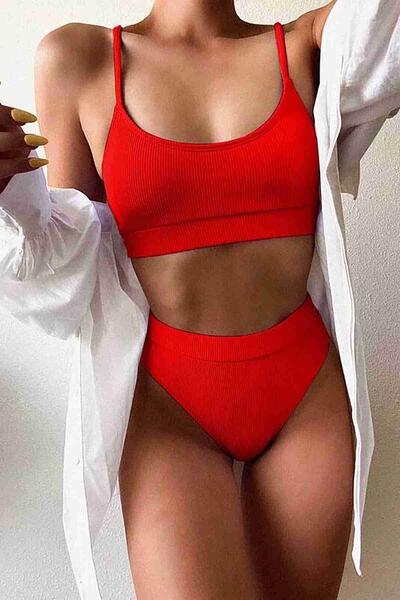Angelsin Yüksek Bel Fitilli Kumaş Tankini Bikini Üstü 