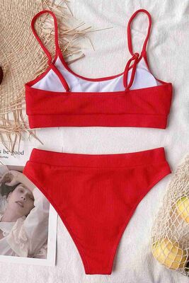 Angelsin Yüksek Bel Fitilli Kumaş Tankini Bikini Üstü - Thumbnail