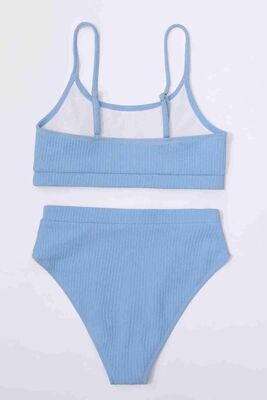 Angelsin Yüksek Bel Özel Kumaş Tankini Bikini Takım Mavi-MS4174 - Thumbnail
