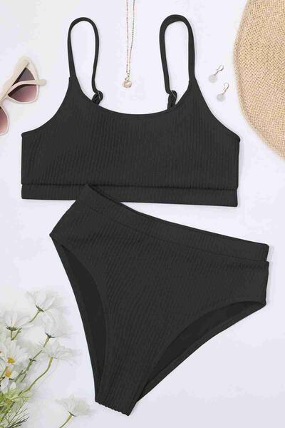 Angelsin Yüksek Bel Özel Kumaş Tankini Bikini Takım Siyah MS4174