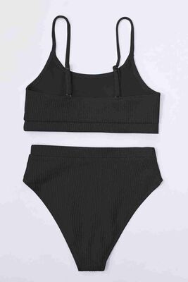 Angelsin Yüksek Bel Özel Kumaş Tankini Bikini Takım Siyah MS4174 - Thumbnail
