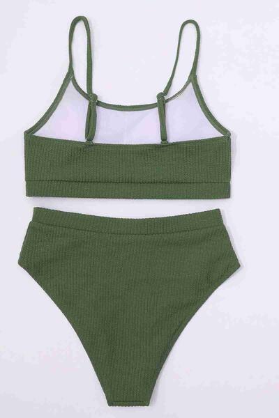 Angelsin Yüksek Bel Özel Kumaş Tankini Bikini Takım Yeşil MS4174