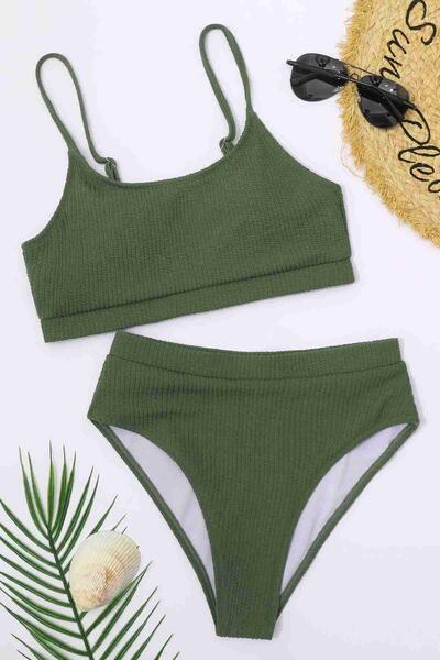 Angelsin Yüksek Bel Özel Kumaş Tankini Bikini Takım Yeşil MS4174