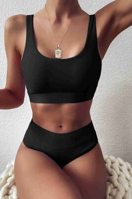 Angelsin Yüksek Bel Tankini Bikini Takım Siyah-MS4345 - Thumbnail