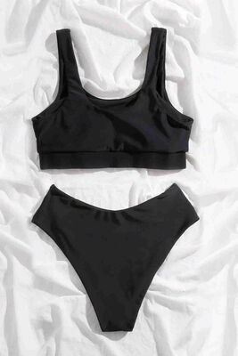 Angelsin Yüksek Bel Tankini Bikini Takım Siyah-MS4345 - Thumbnail