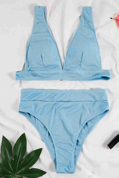 Angelsin Yüksel Bel Bikini Takım Mavi-MS4195