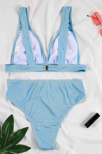 Angelsin Yüksel Bel Bikini Takım Mavi-MS4195