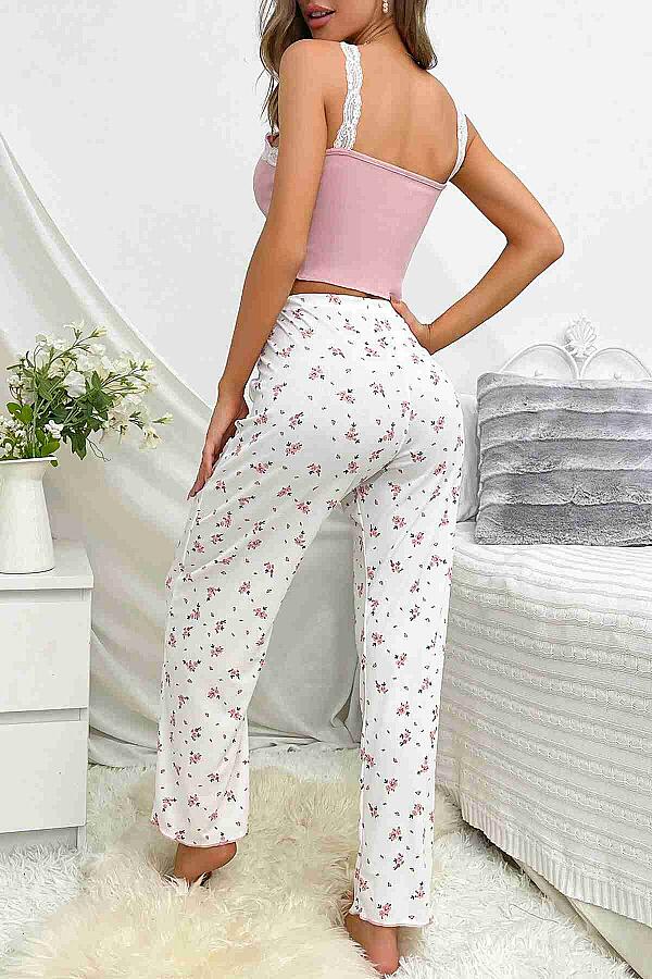 Askılı Şık Üstü Dantel İşlemeli Baskılı Pijama Takımı Çok Renkli - 4