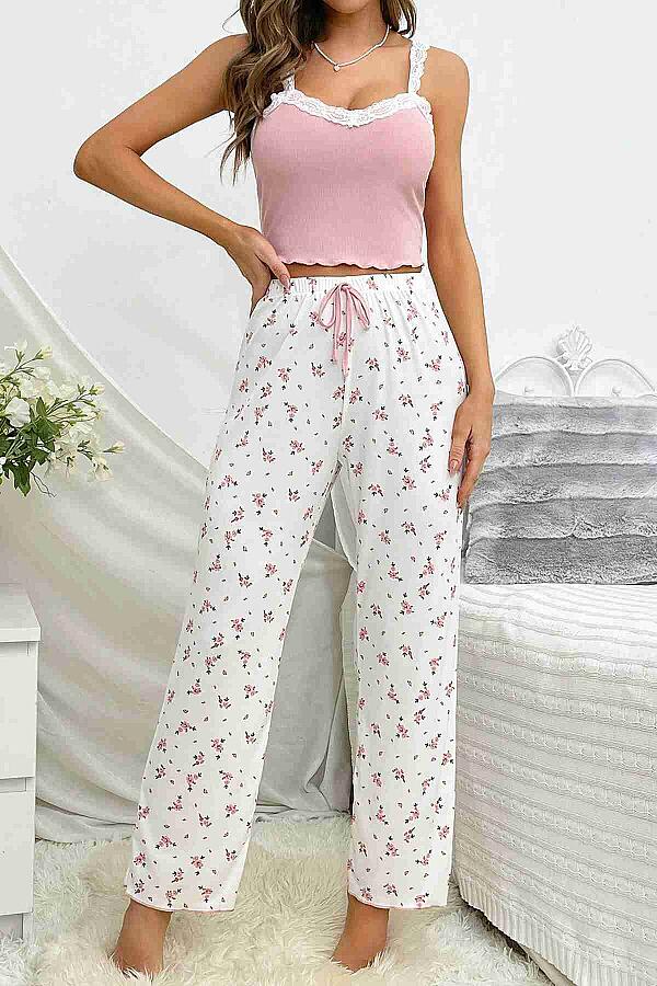 Askılı Şık Üstü Dantel İşlemeli Baskılı Pijama Takımı Çok Renkli - 1