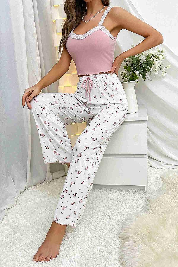 Askılı Şık Üstü Dantel İşlemeli Baskılı Pijama Takımı Çok Renkli - 3