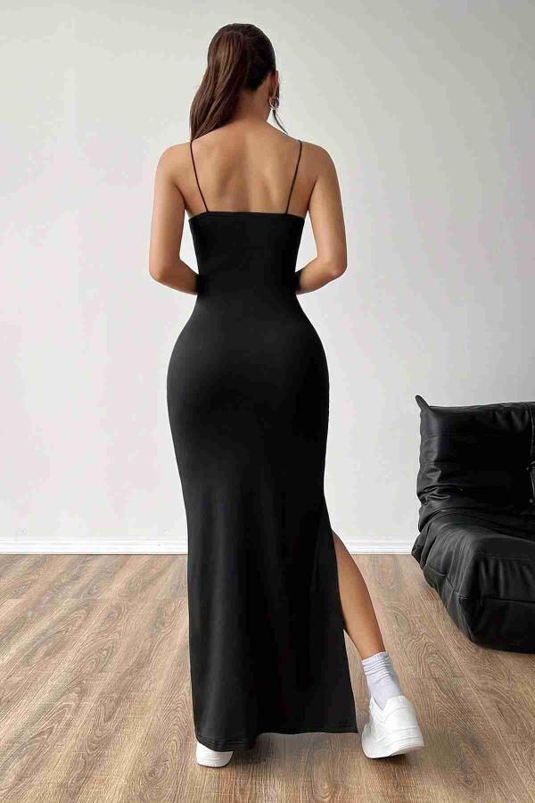 Askılı Şık Yırtmaçlı Uzun Elbise Siyah - 5