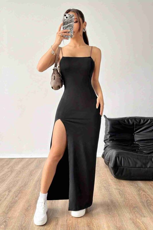 Askılı Şık Yırtmaçlı Uzun Elbise Siyah - 6