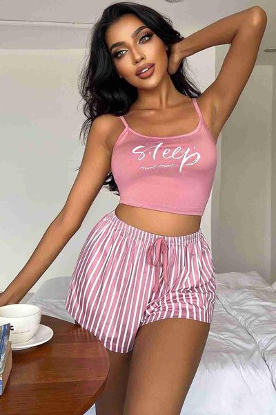 Askılı Sleep Basklı Sortlu Pijama Takımı Çok Renkli 