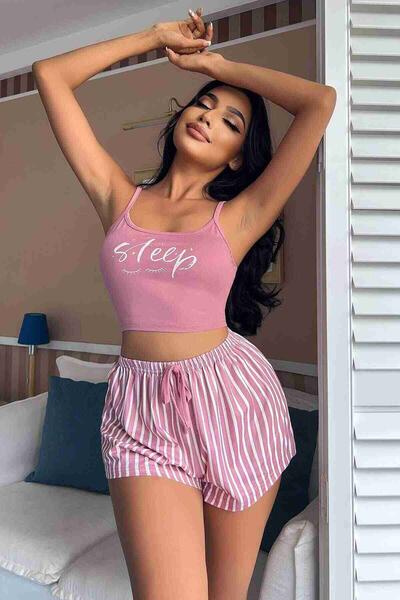 Askılı Sleep Basklı Sortlu Pijama Takımı Çok Renkli 