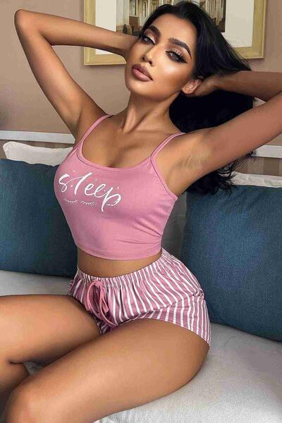 Askılı Sleep Basklı Sortlu Pijama Takımı Çok Renkli 