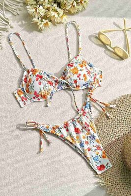 Bağlamalı Çiçek Baskılı Bikini Altı Çok Renkli - Thumbnail