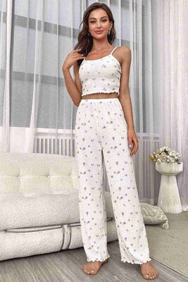 Baskılı Askılı Pijama Takımı Çiçekli - Thumbnail