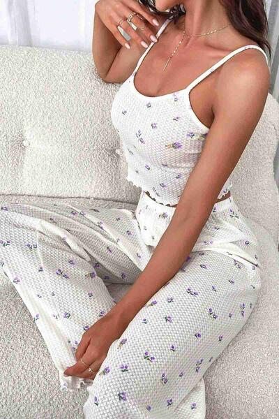 Baskılı Askılı Pijama Takımı Çiçekli