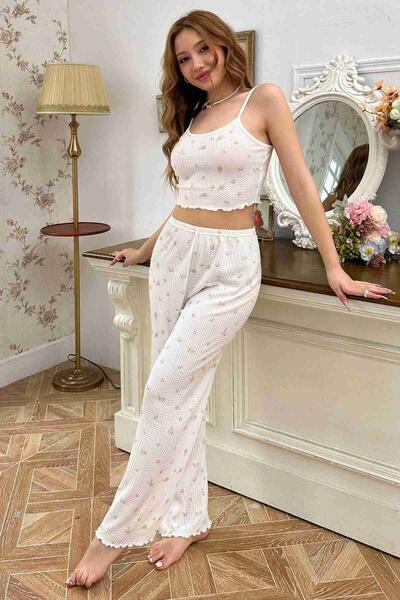 Baskılı Askılı Pijama Takımı Çiçekli