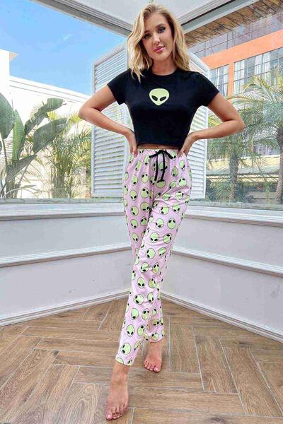 Baskılı Kısa Kollu Pijama Takımı Çok Renkli