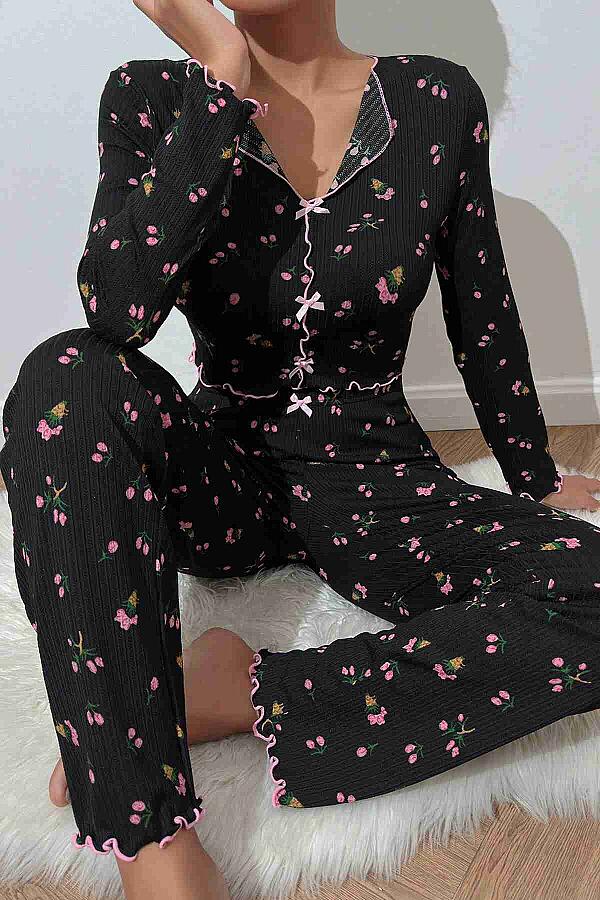 Baskılı Özel Kumaş Pijama Takımı - 1