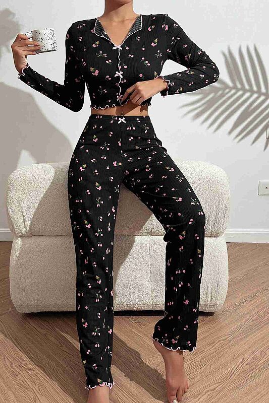 Baskılı Özel Kumaş Pijama Takımı - 3