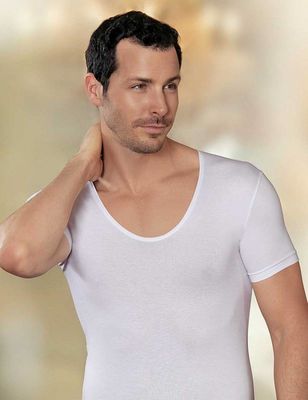 White Wide Neck Short Sleeve Classic Undershirt ME084 - Thumbnail