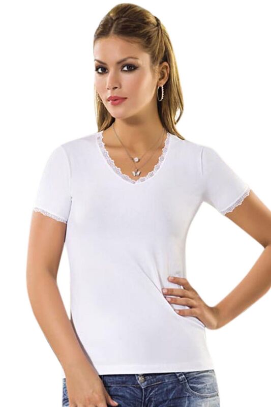 White Short Sleeve V Neck Lace Embroidered Athlete 2176 - Anıt